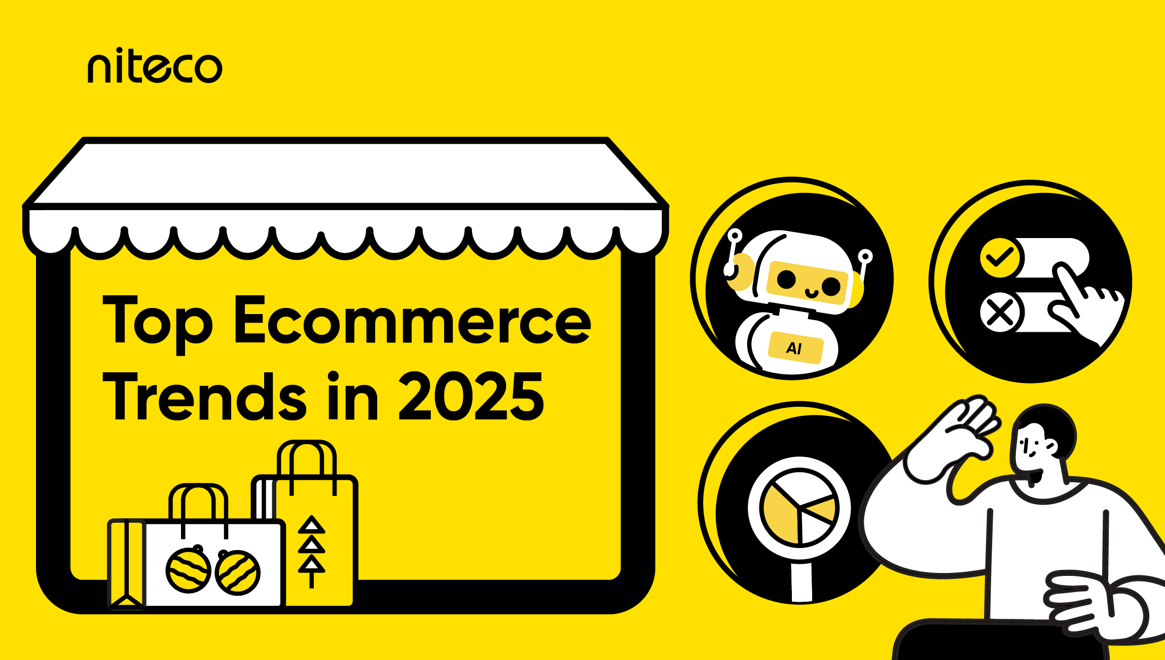 Top Commerce Trends in 2025 with AI, user choices, and data analysis icons
