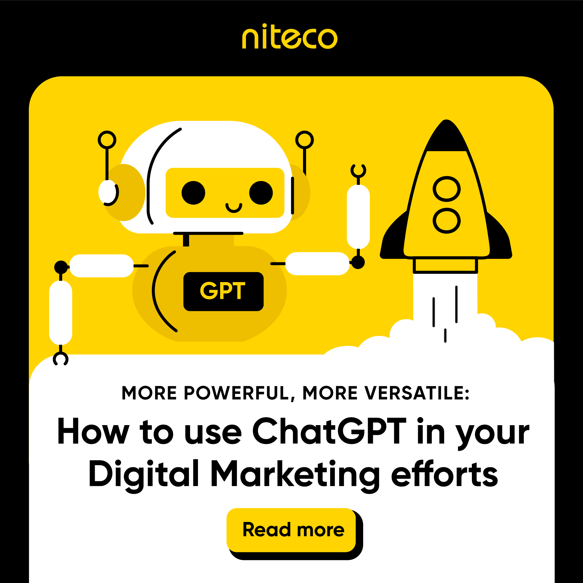 Illustration of a robot labeled GPT next to a rocket with text about using ChatGPT in digital marketing.