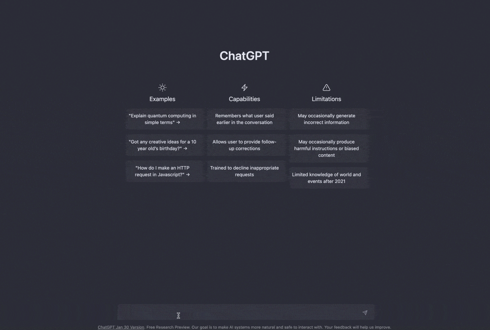 ChatGPT examples, capabilities, and limitations overview on dark interface screen