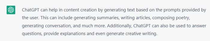 ChatGPT generating text to assist in content creation and creative writing tasks