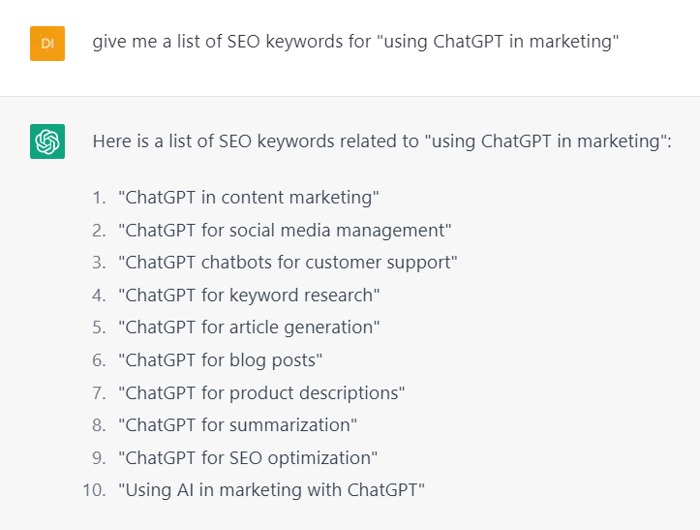ChatGPT SEO keywords list for marketing including content, social media, and SEO optimization