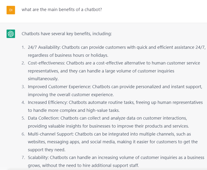 Benefits of chatbots including 24/7 support, cost-effectiveness, and improved customer experience