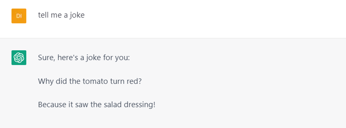 Chat conversation showing a joke about a tomato turning red from seeing salad dressing.