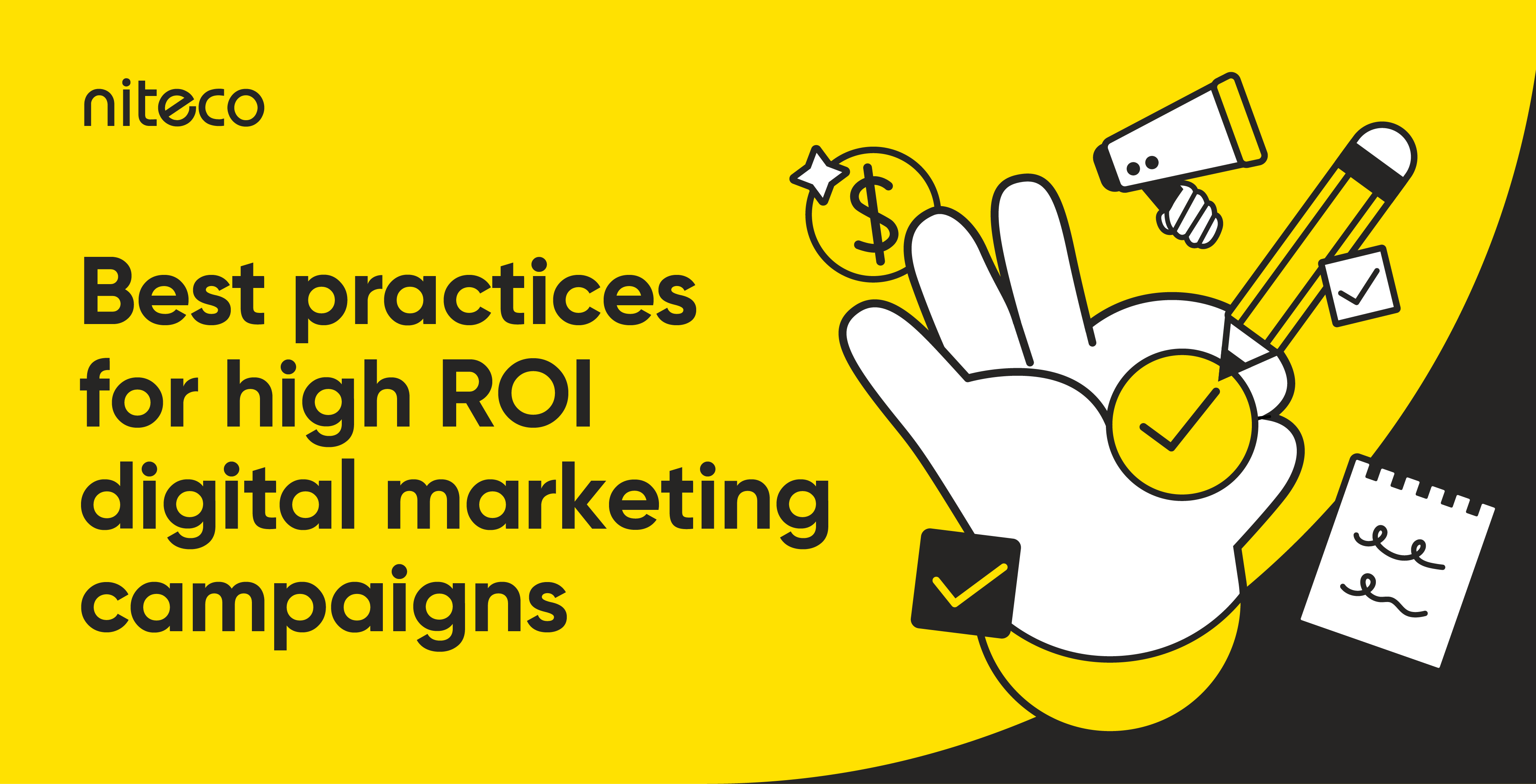 Best practices for high ROI digital marketing with checkmarks and icons