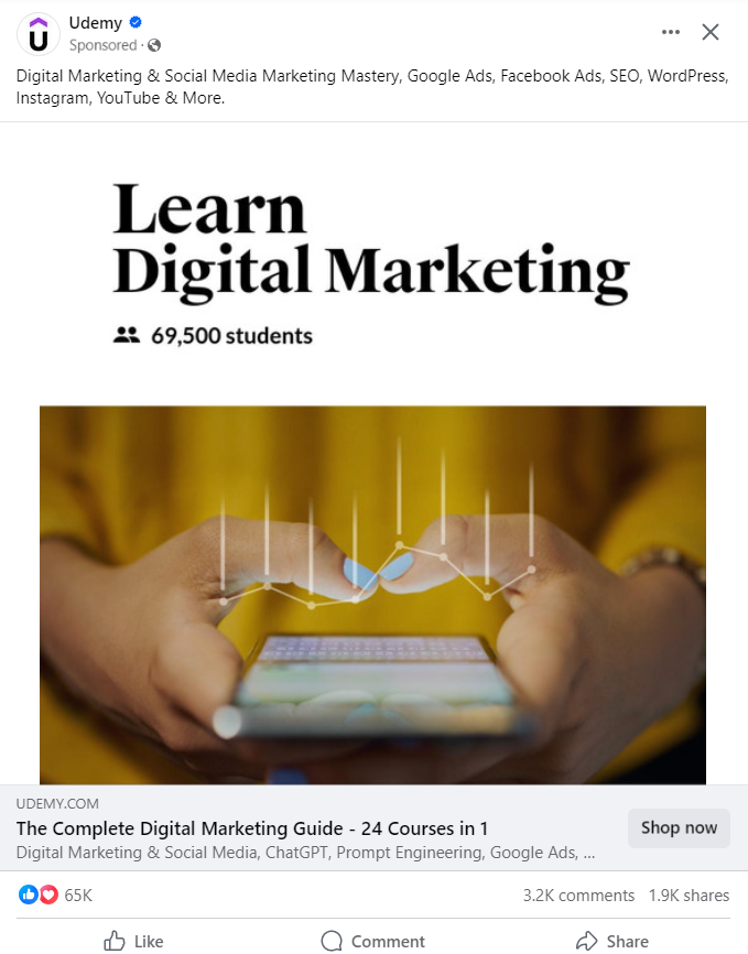 Hands holding smartphone with digital marketing growth chart on screen.