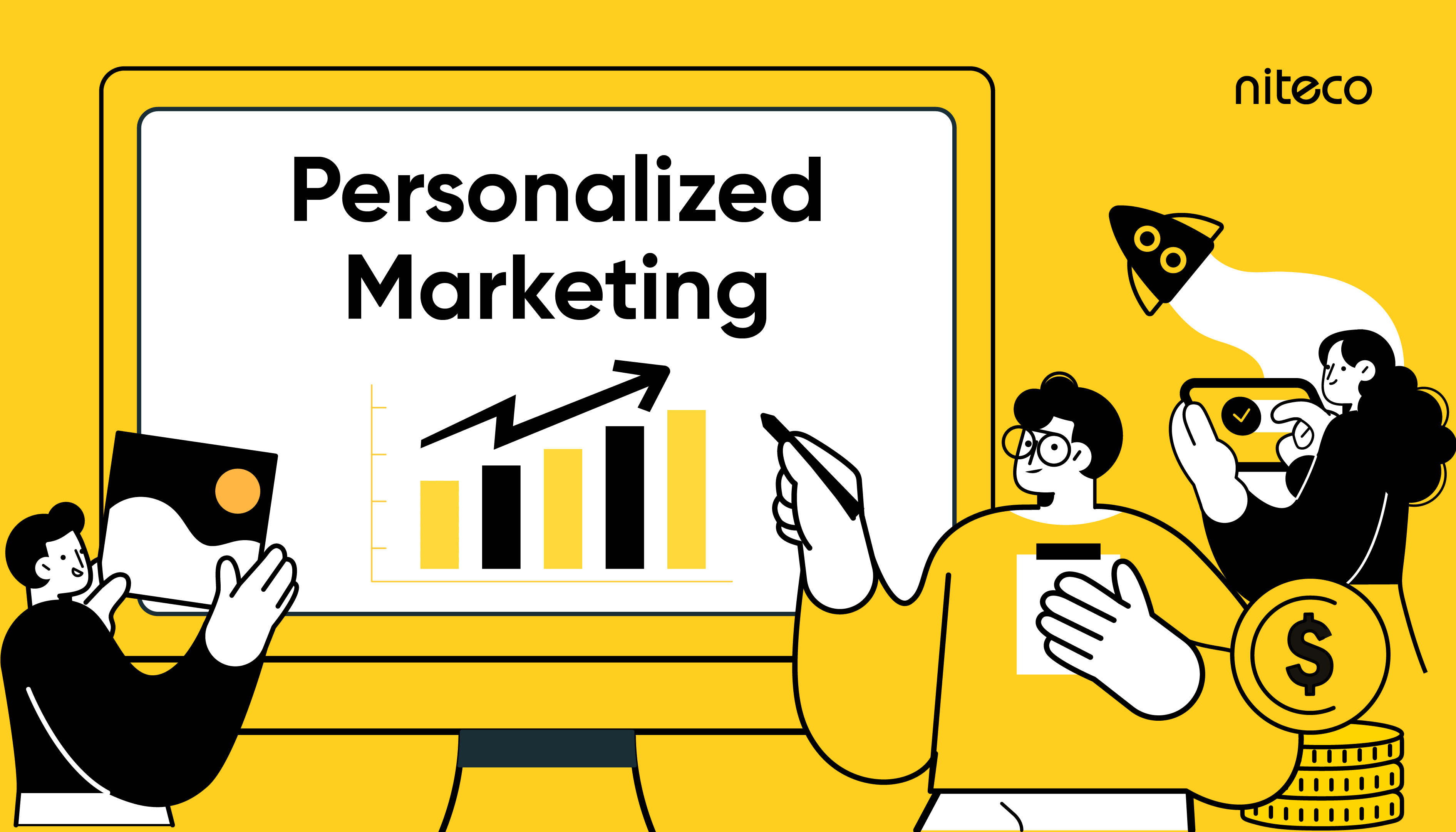 Personalized marketing strategy presentation with data chart and digital transactions