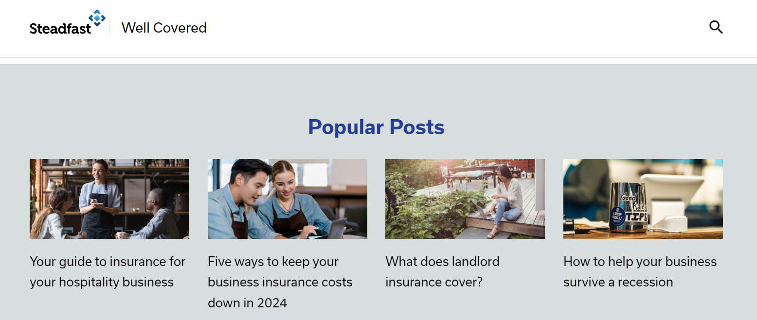 Steadfast Well Covered website header and popular posts on business insurance topics