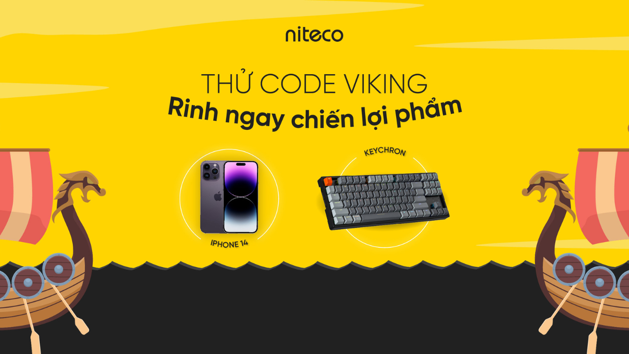 Niteco Thử Code Viking with iPhone 14 and Keychron keyboard prizes on yellow background