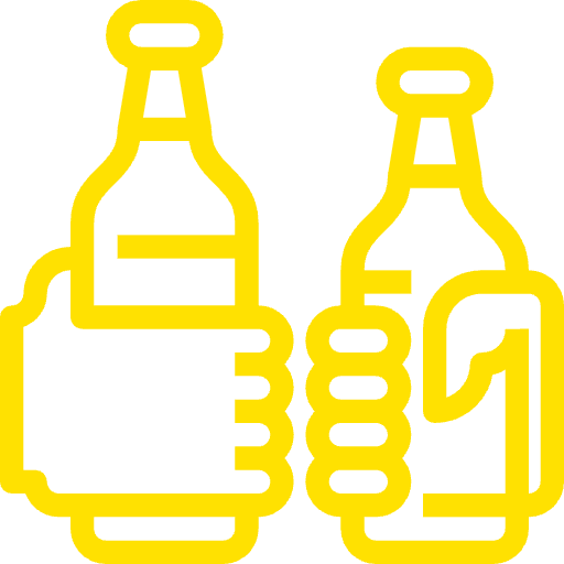 Yellow icon of two hands holding beer bottles representing craft beer selection.