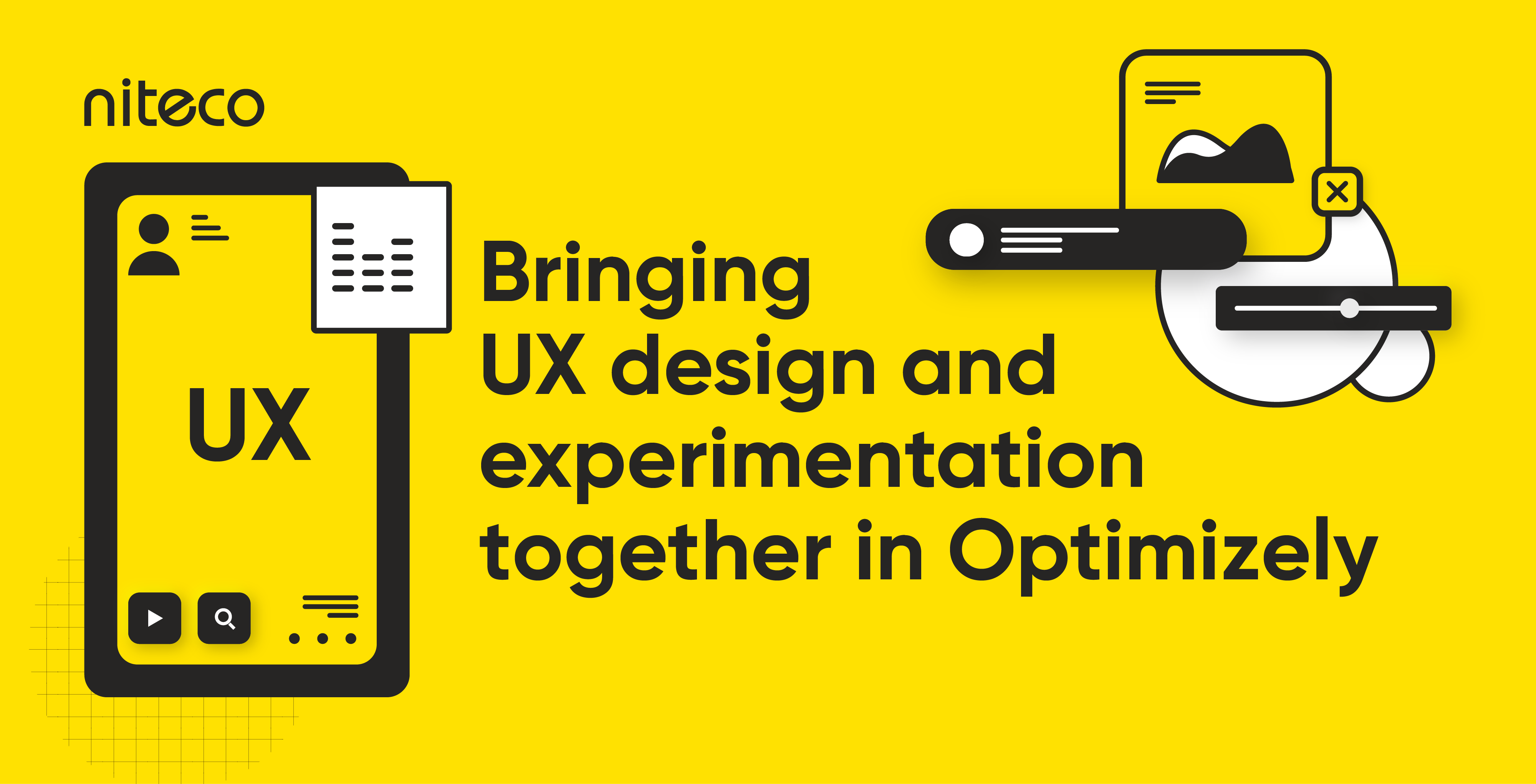 Yellow background with text about UX design and experimentation by Niteco.