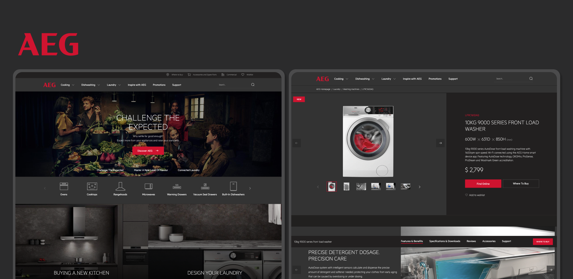 AEG website showing 10KG 9000 series front load washer product details.