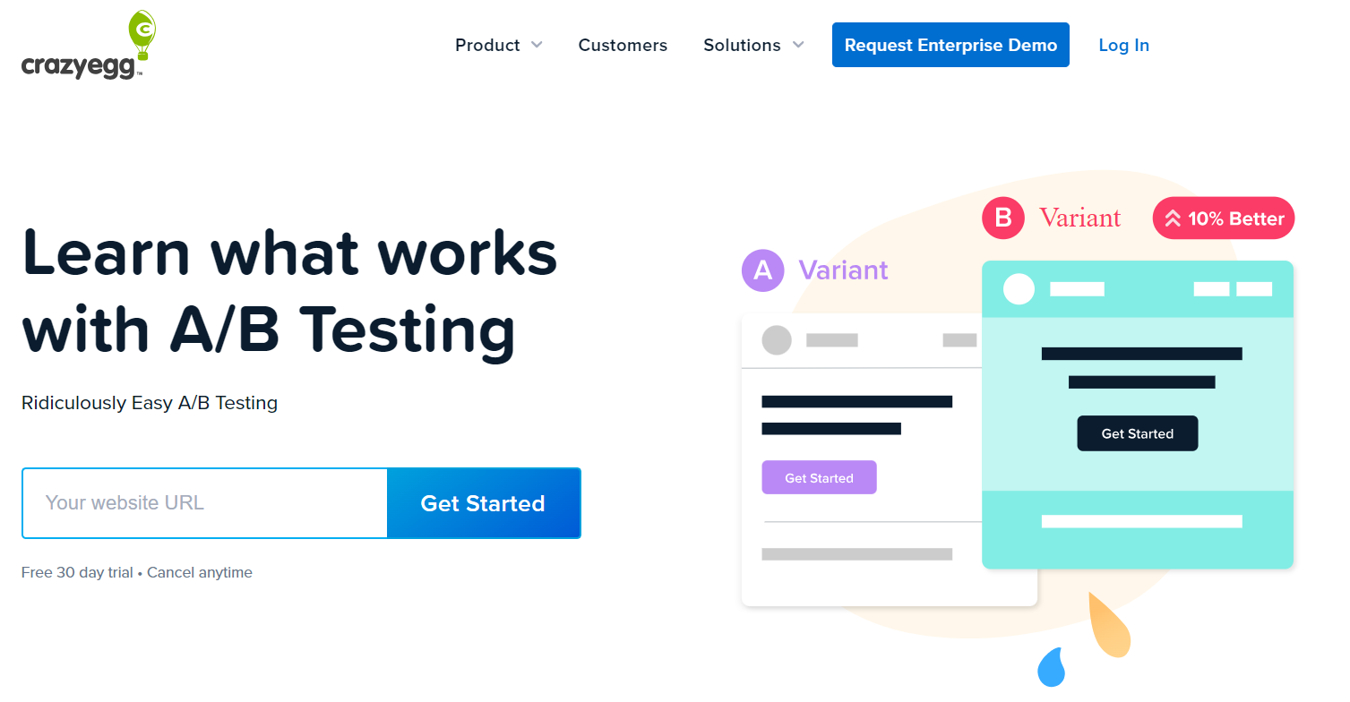 Crazy Egg A/B Testing with variants showing 10% better performance results.