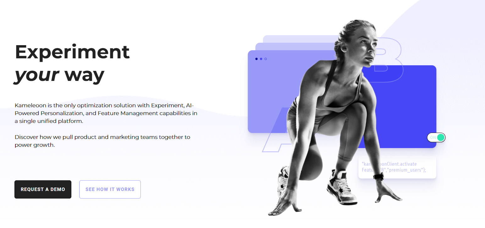 Woman in a starting pose illustrating Experiment your way optimization platform