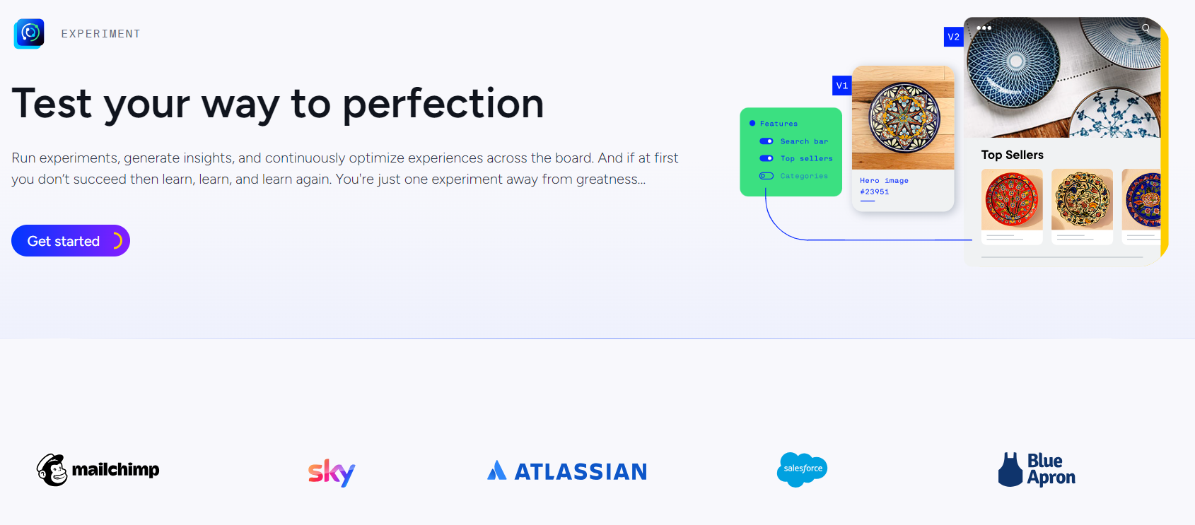 Dashboard interface showcasing experiment features with search bar and top sellers