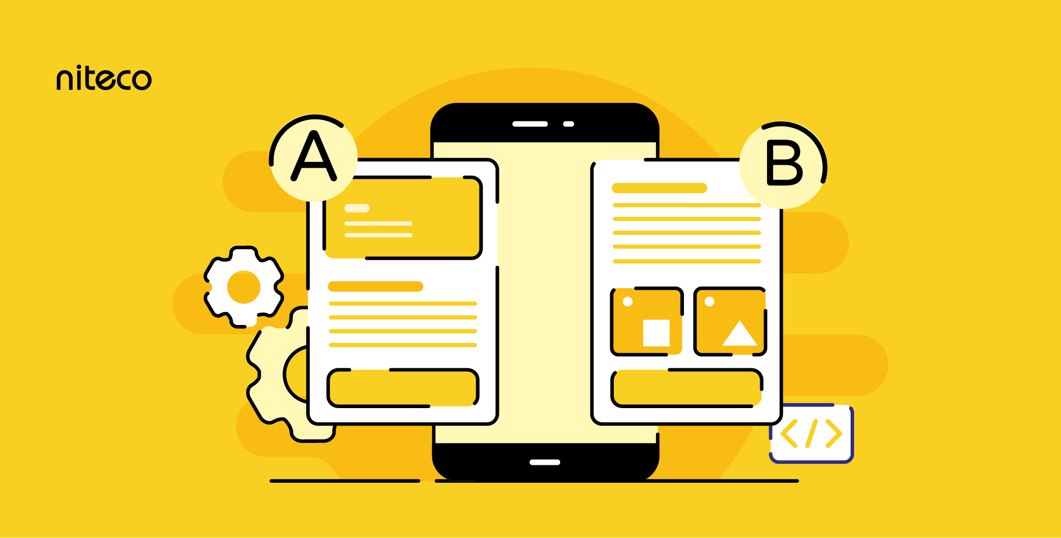 Mobile app A/B testing illustration with two design options and settings icons
