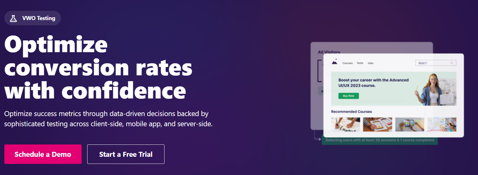 VWO Testing dashboard showing conversion rate optimization with data-driven decisions