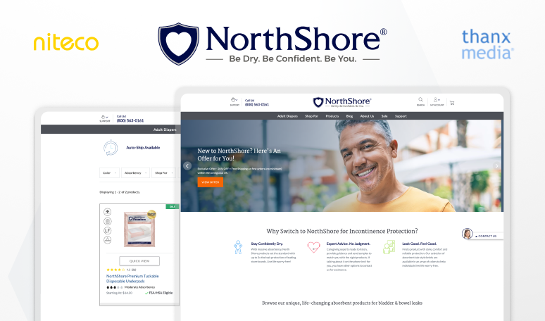 NorthShore adult diapers webpage promoting incontinence protection and comfort