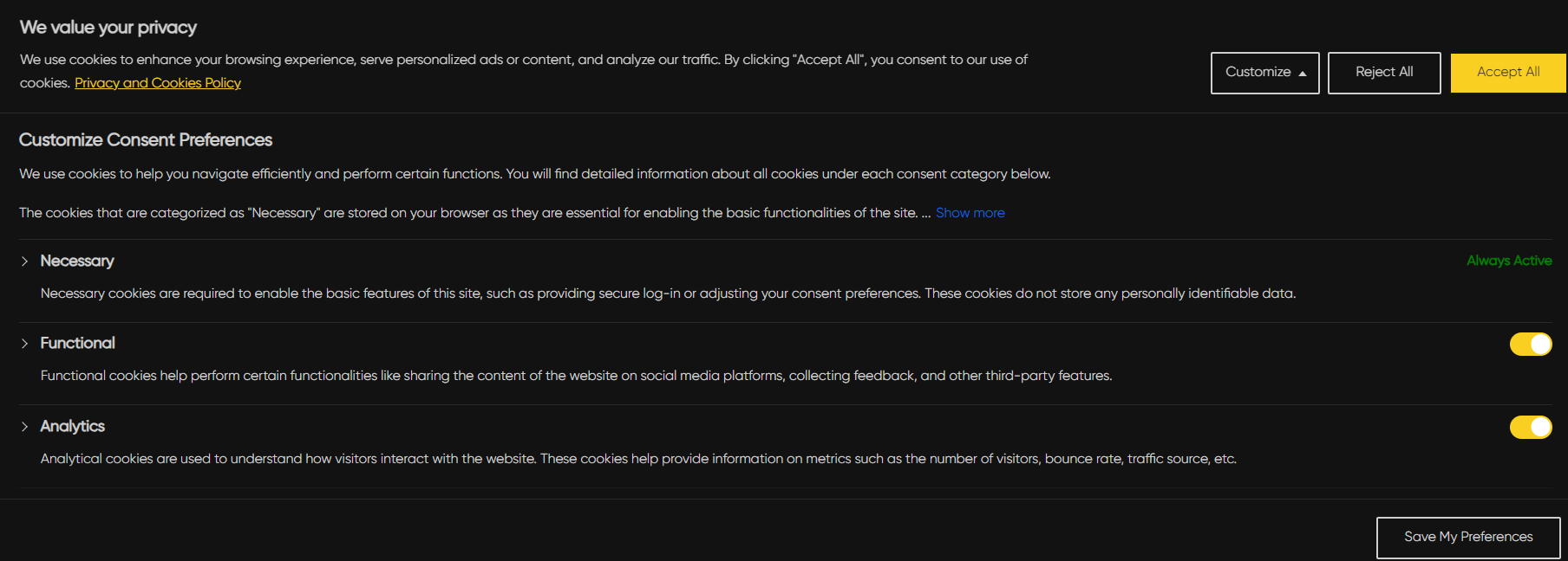 Cookie consent banner with customize, reject, and accept all options for privacy settings
