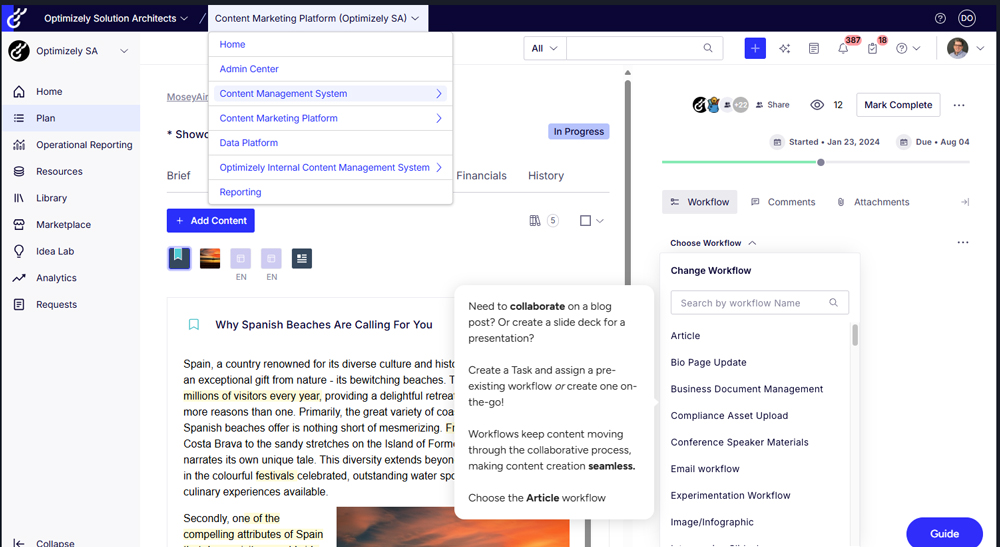 Optimizely Content Marketing Platform showing workflow and content management options