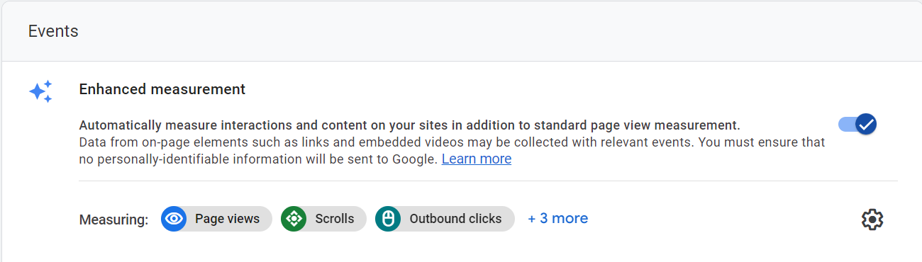 Enhanced measurement settings showing automatic tracking of page views, scrolls, and outbound clicks in Google Analytics.