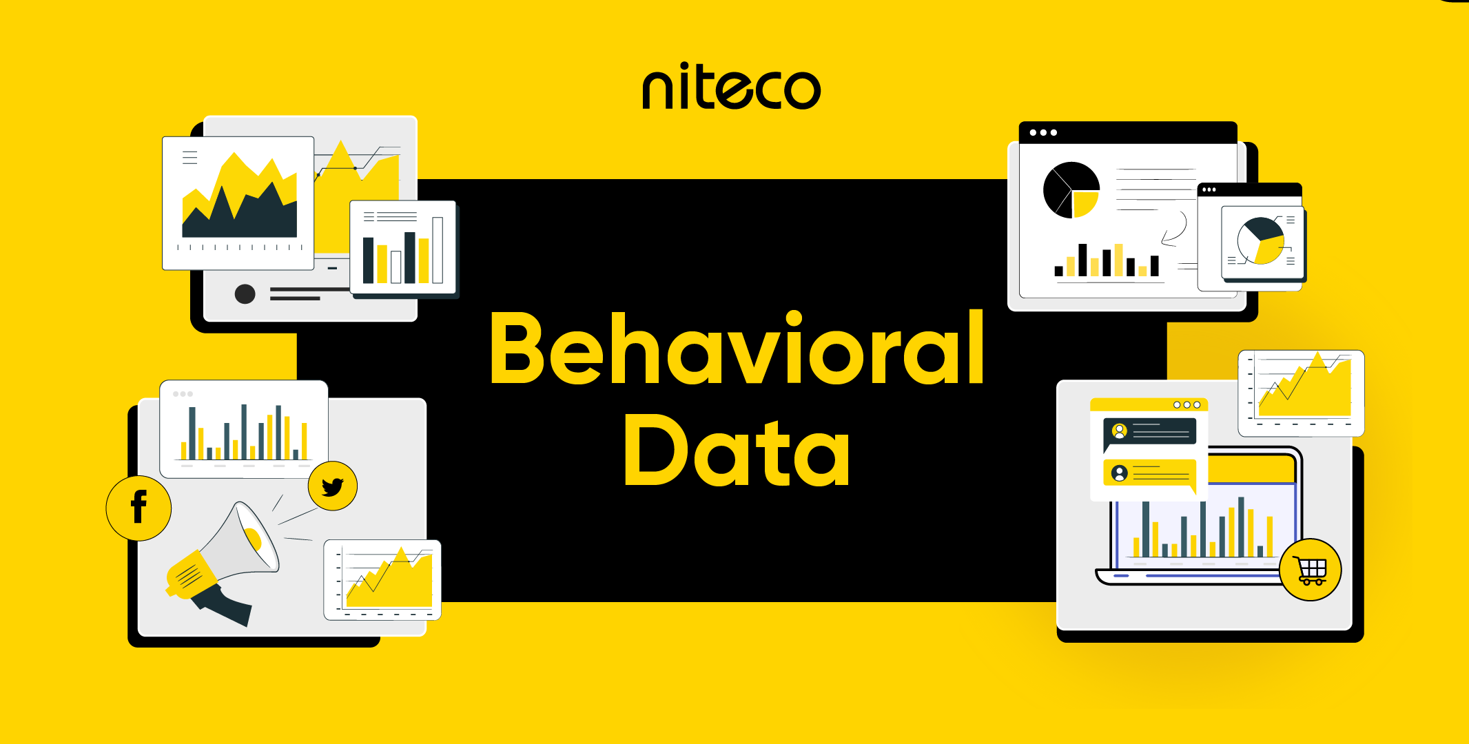 Behavioral Data analytics dashboard with charts, social media, and shopping icons
