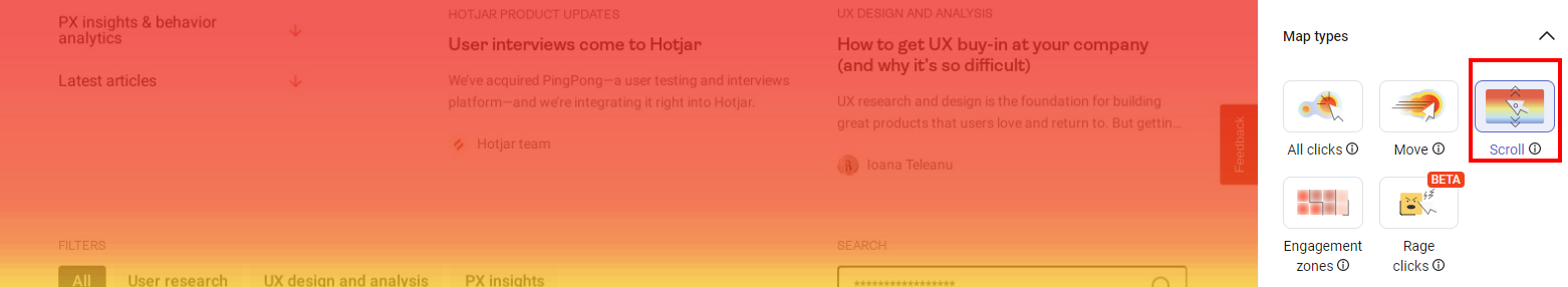 Scroll map highlighting user engagement and scroll behavior on Hotjar analytics page