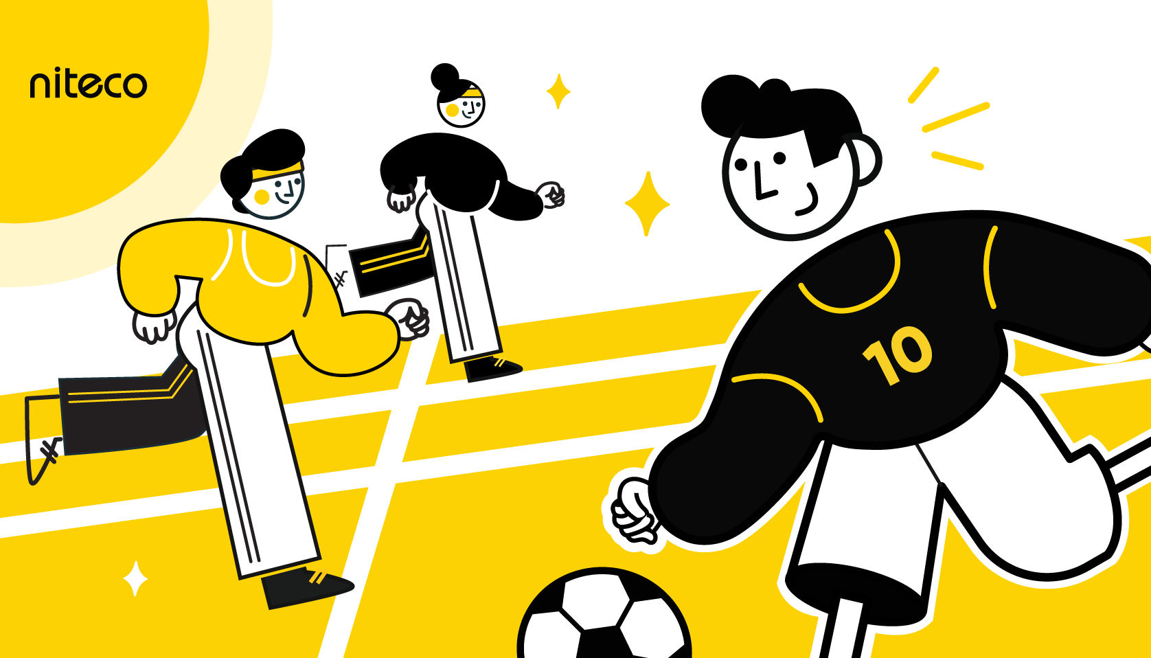 Soccer players in black and yellow uniforms chasing a soccer ball on field