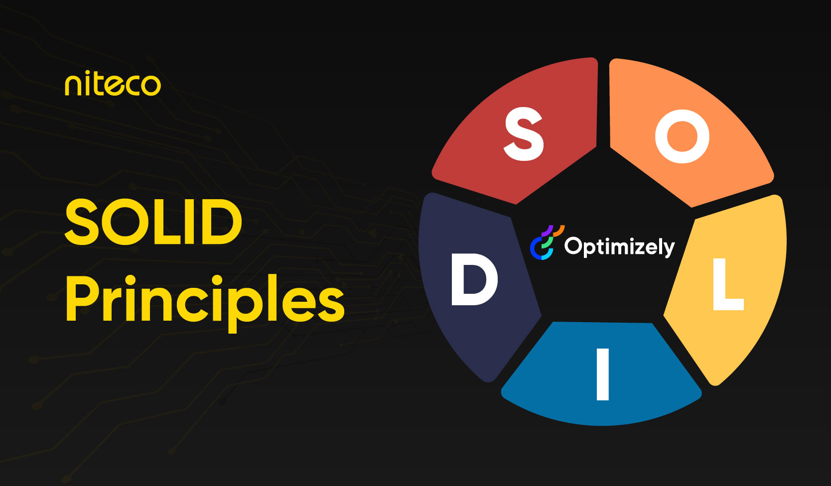 SOLID Principles diagram with five colorful segments and Optimizely logo