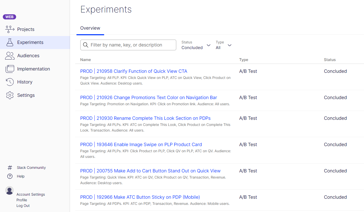 Experiments dashboard listing concluded A/B tests for web projects with filtering options