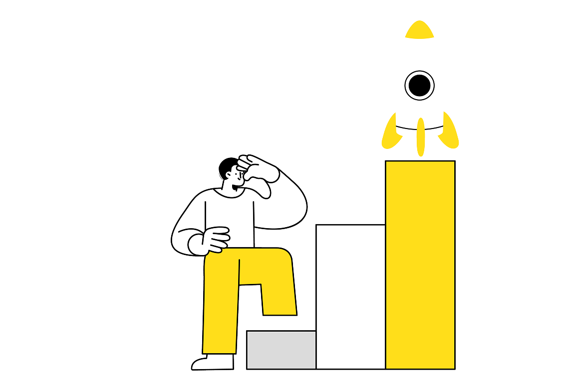 Man looking at rocket launch symbolizing business growth and success chart