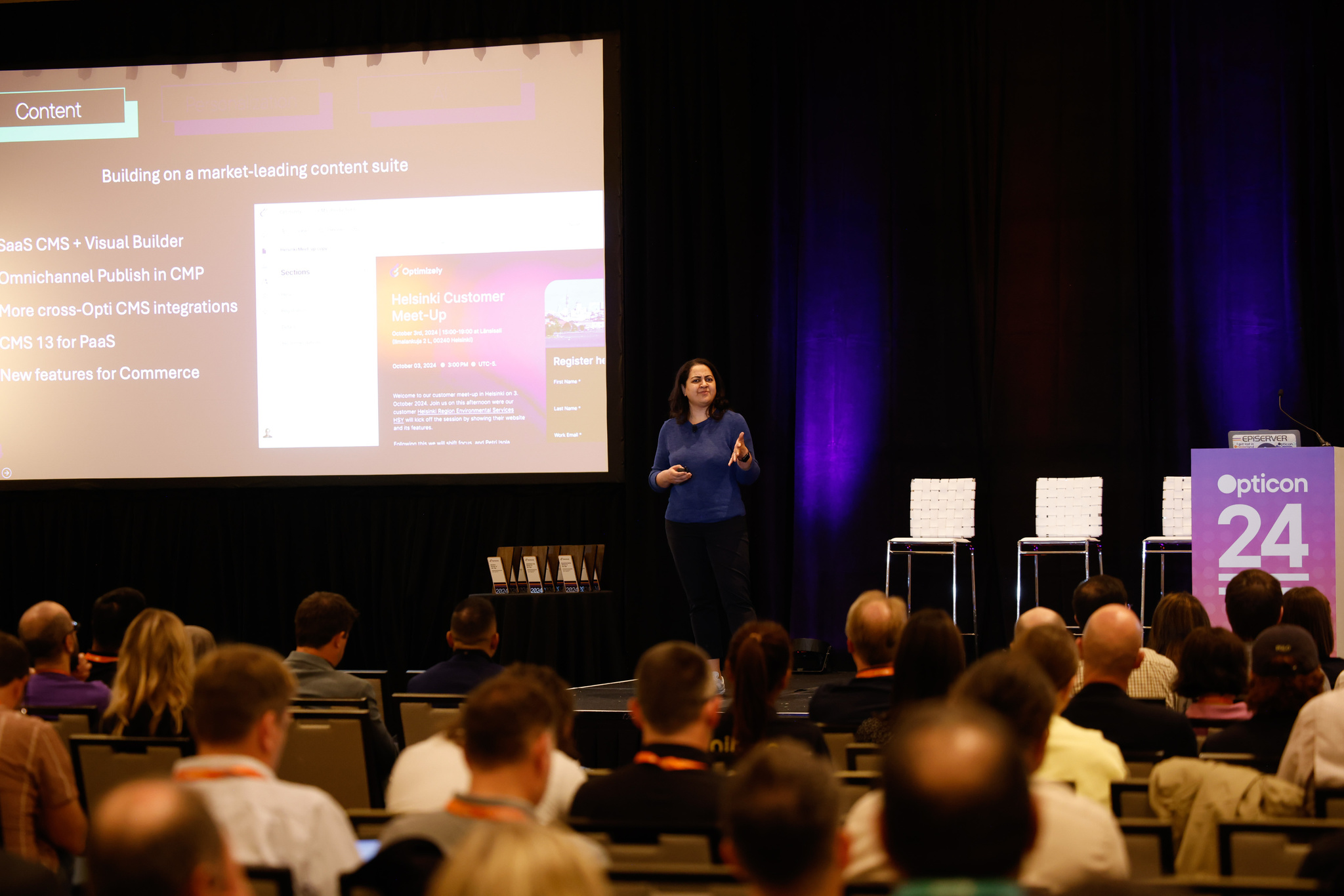 Opticon 24 conference speaker presenting CMS content suite features on stage