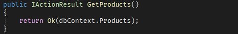 Code snippet showing GetProducts method returning database products using IActionResult
