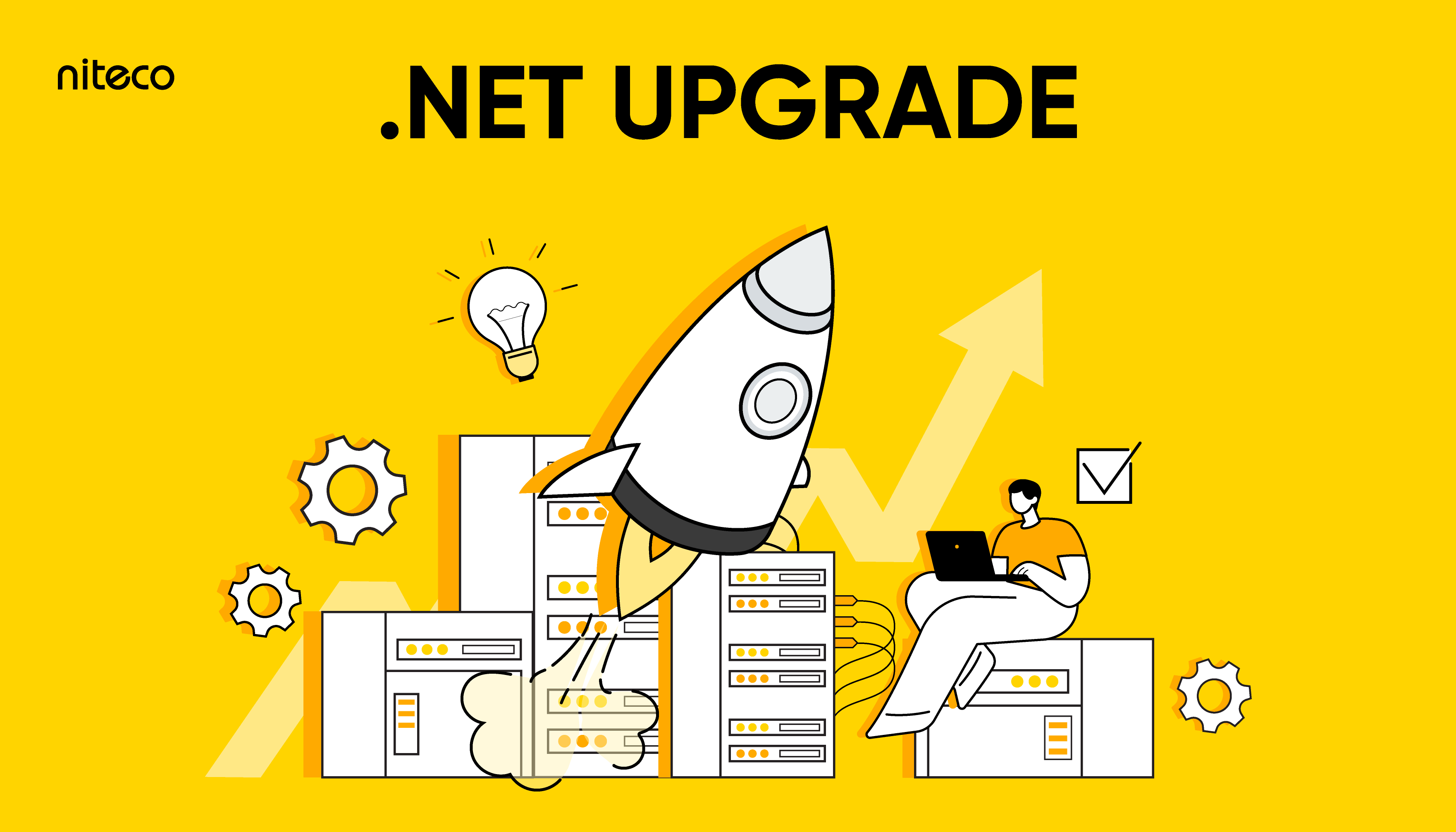 .NET upgrade rocket launching from servers with person working on laptop