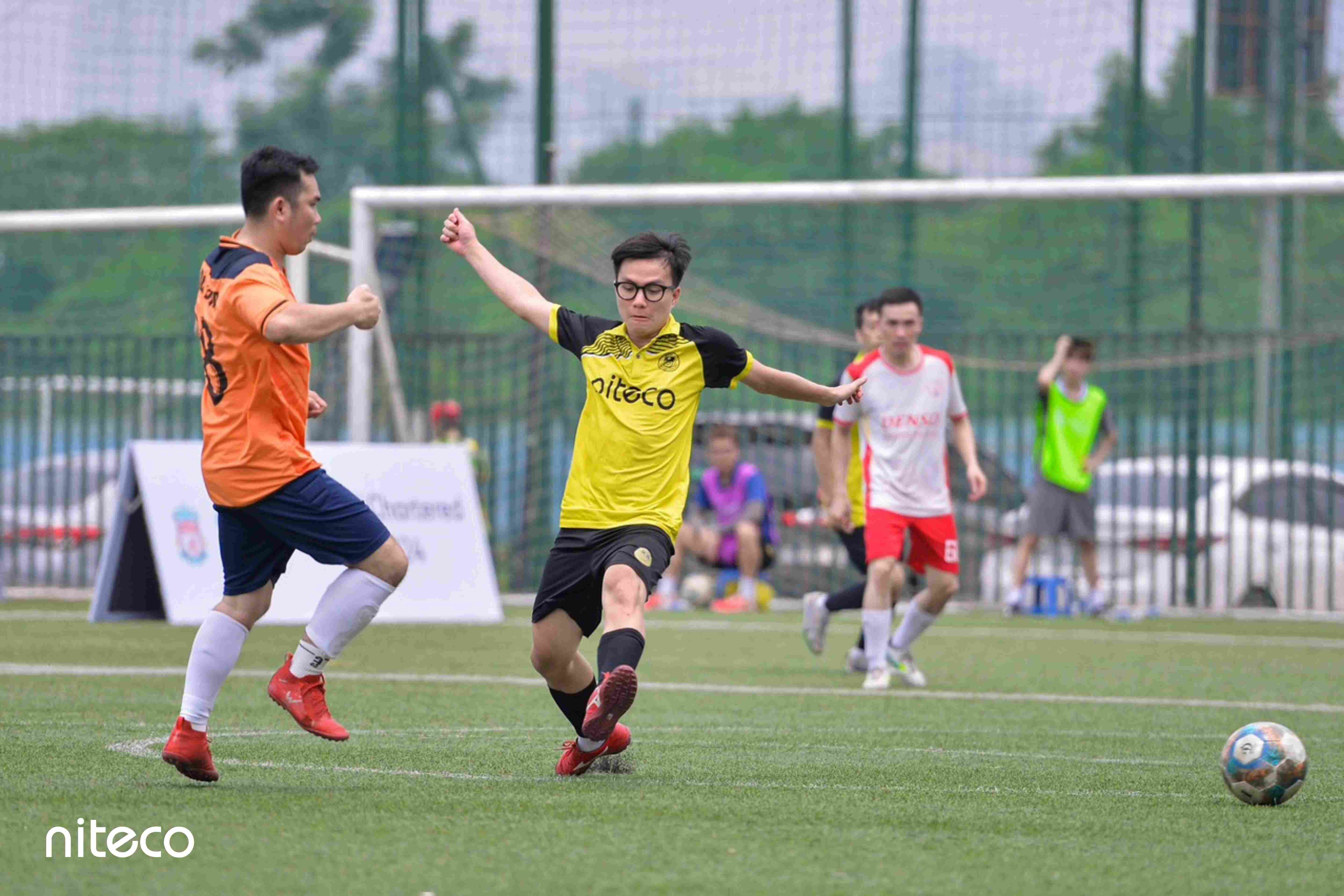 Niteco soccer player in yellow jersey kicks ball during match on green field