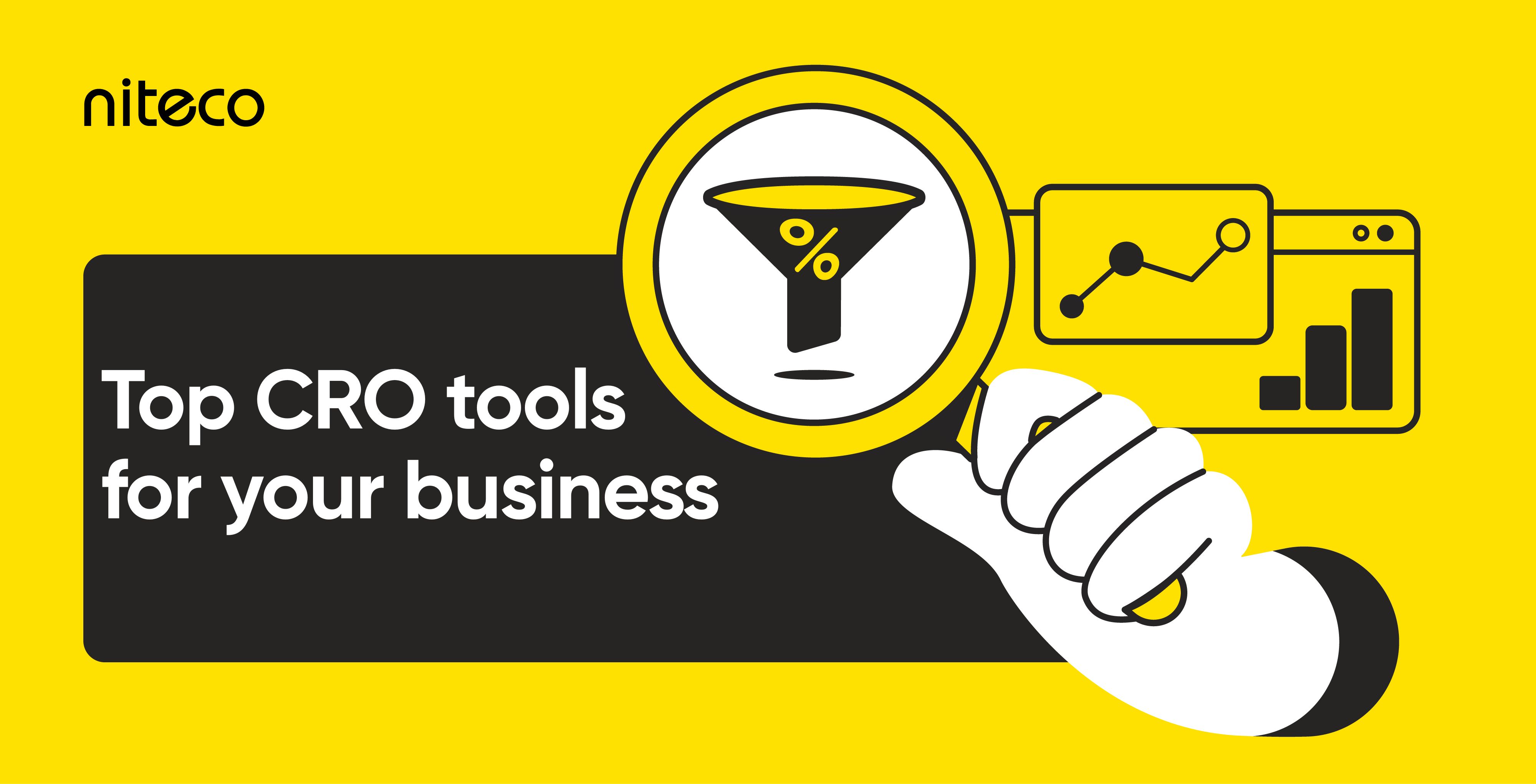 Top CRO tools magnified with conversion funnel and analytics graph on yellow background