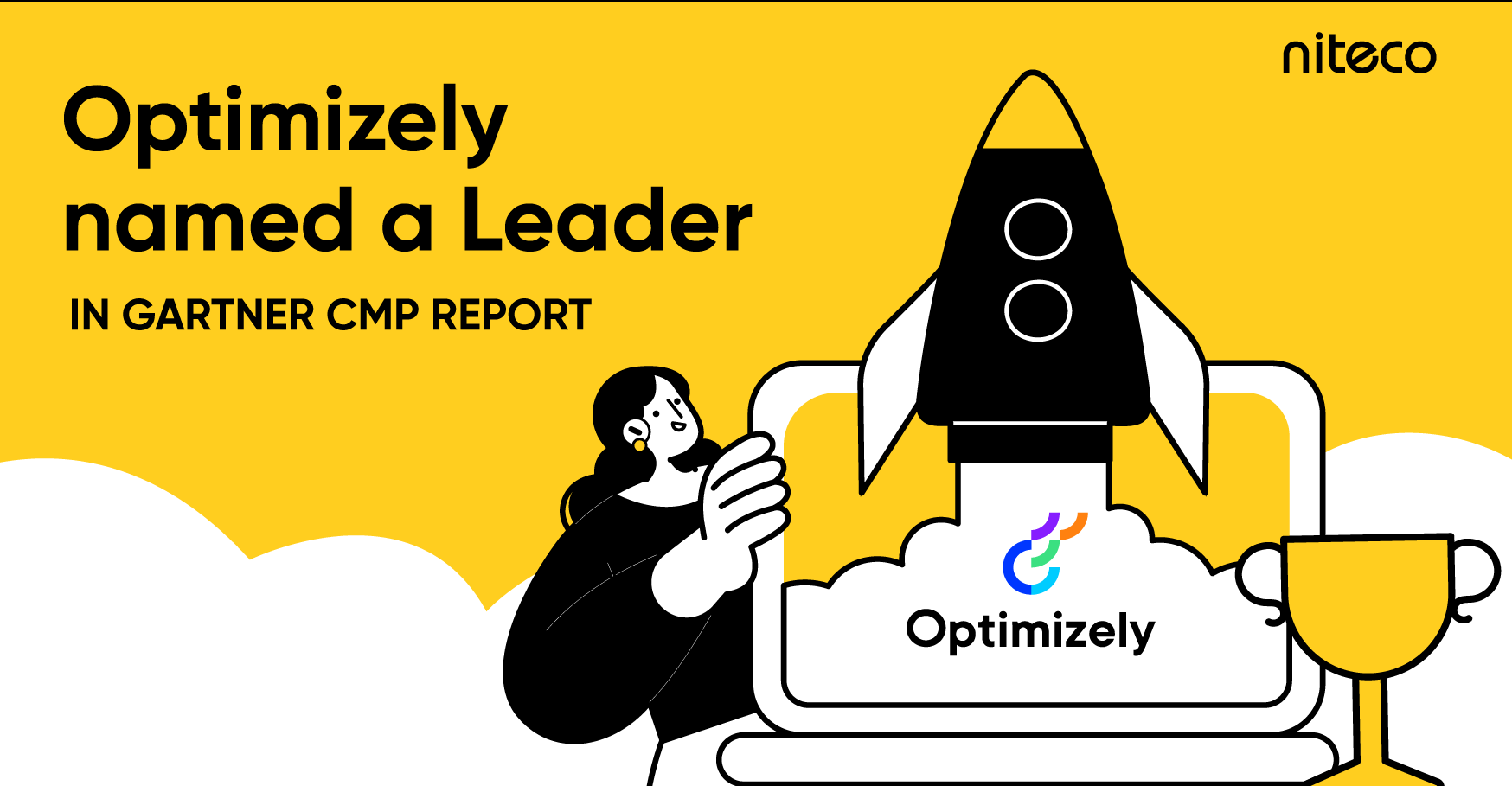 Optimizely named a Leader in Gartner CMP Report with rocket and trophy illustration