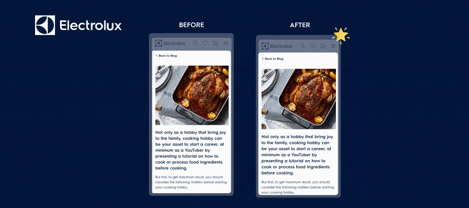 Electrolux blog mobile view before and after showing improved cooking content layout