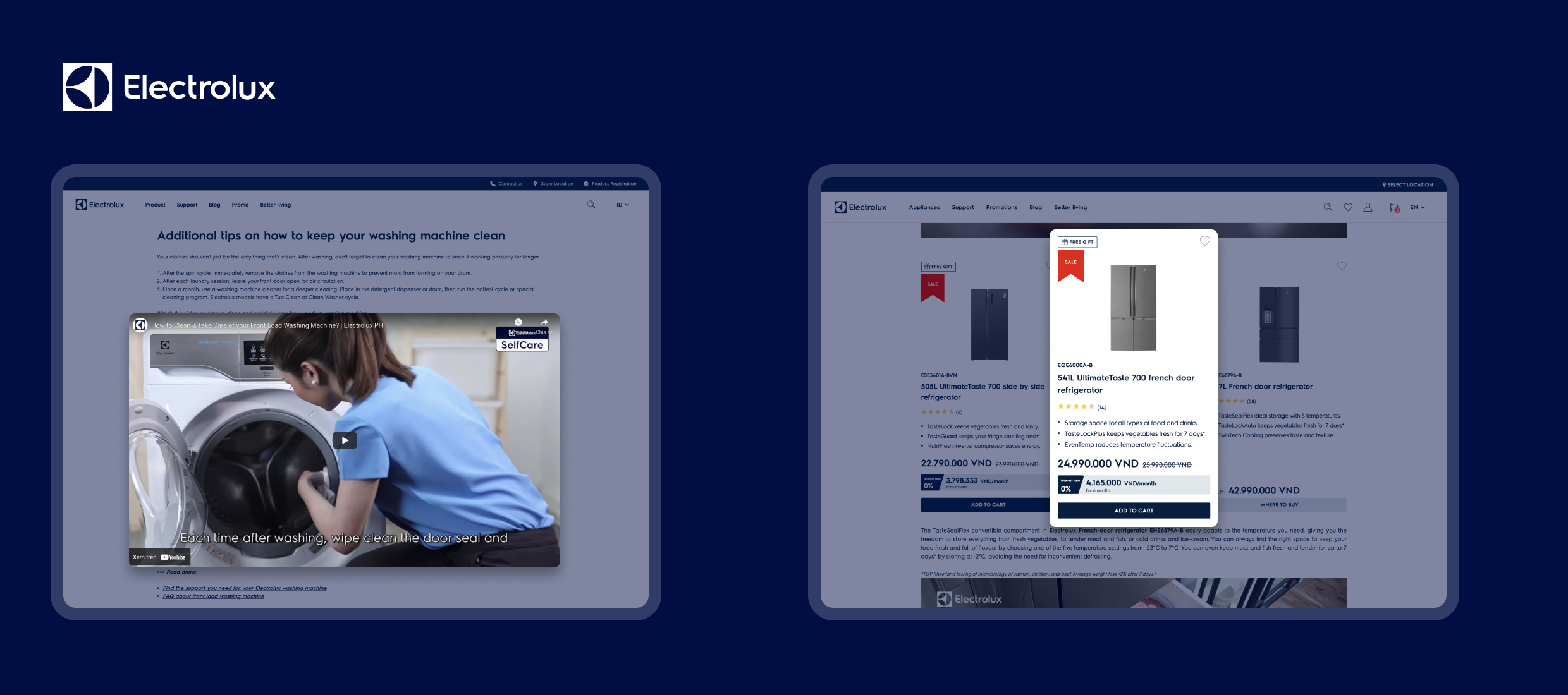 Electrolux washing machine care tips video and refrigerator product listings on site