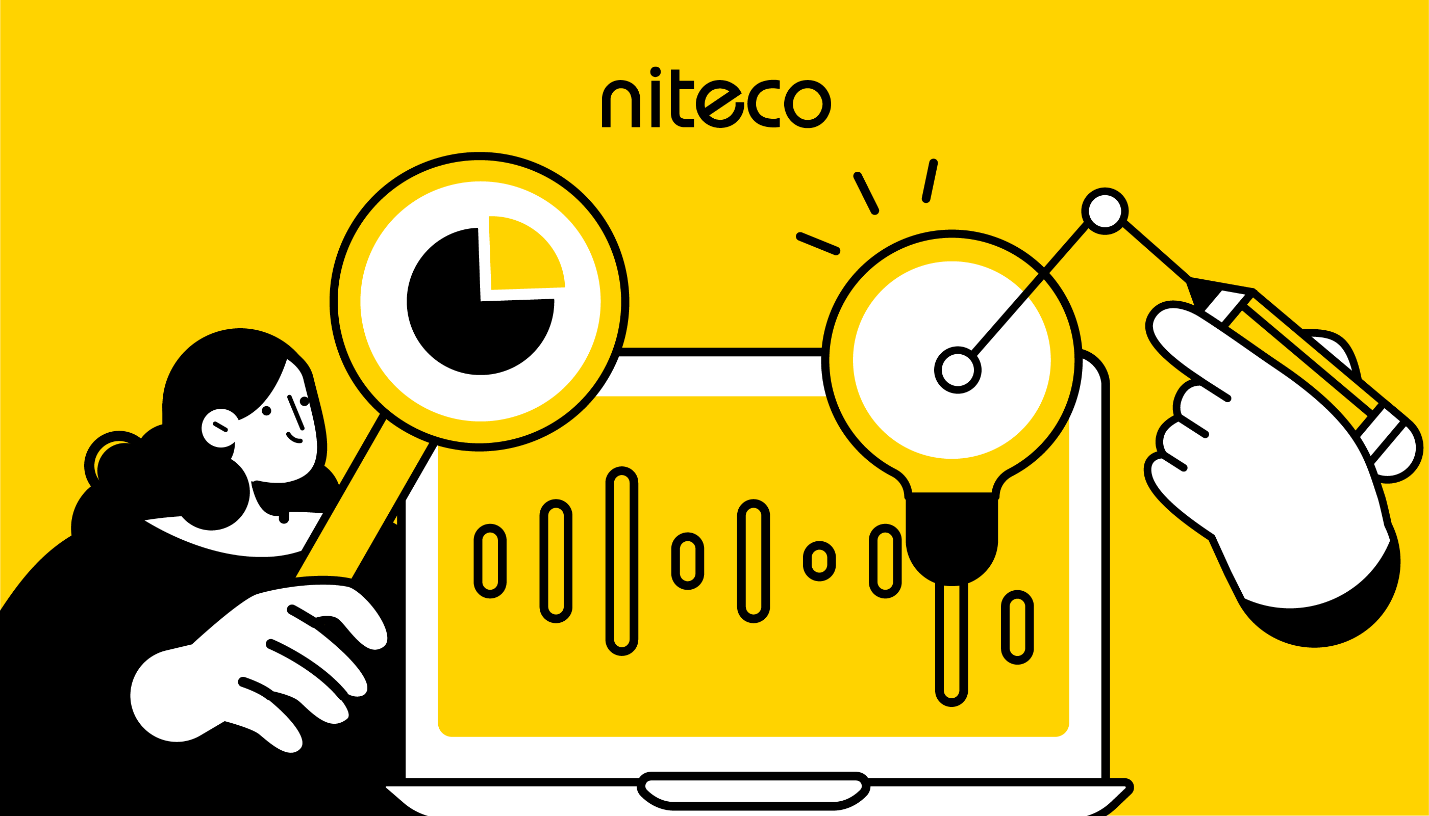Niteco data analysis and innovation with magnifying glass and light bulb icons