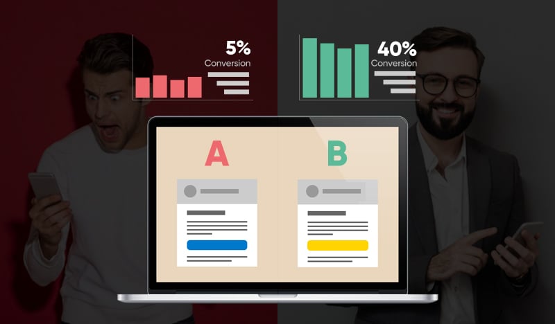 A/B testing comparison showing 5% vs 40% conversion rates on laptop screen