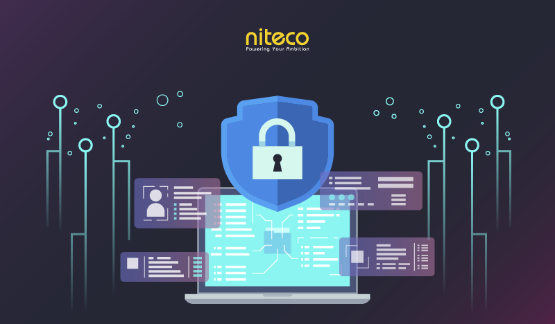 Niteco cybersecurity with shield lock protecting data on digital laptop screen