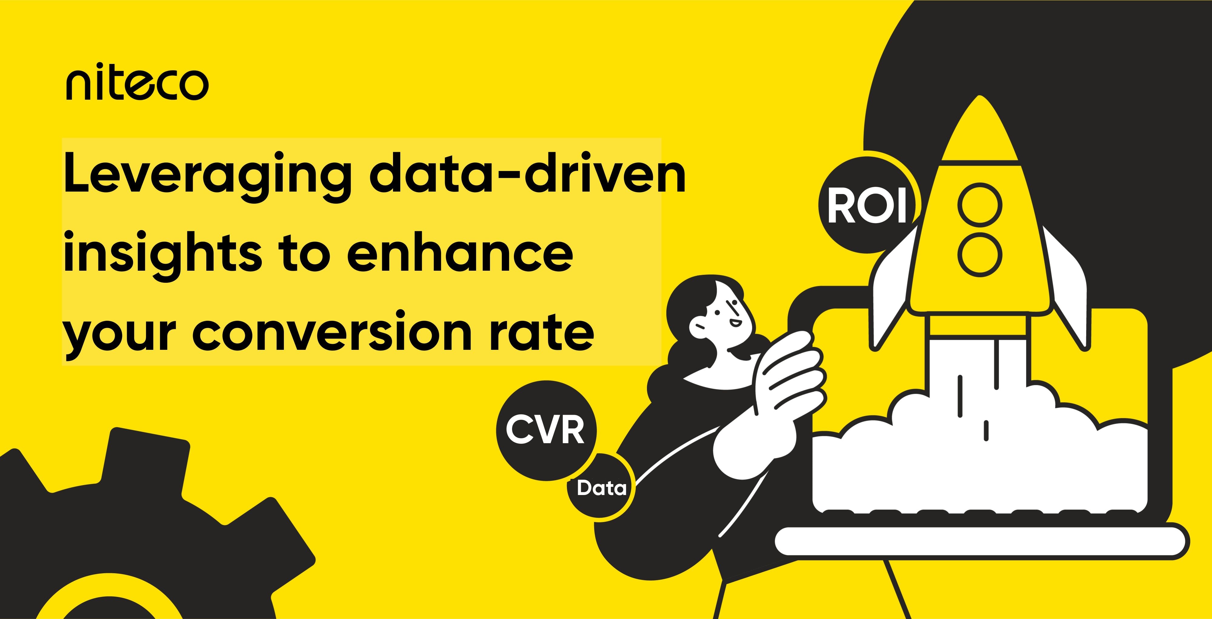 Illustration of person launching rocket from laptop with text about data-driven insights.