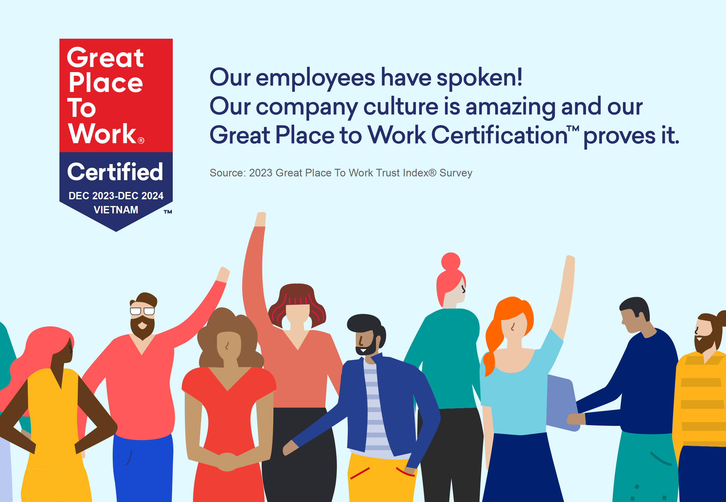 Great Place to Work Certified logo with diverse employees celebrating company culture.