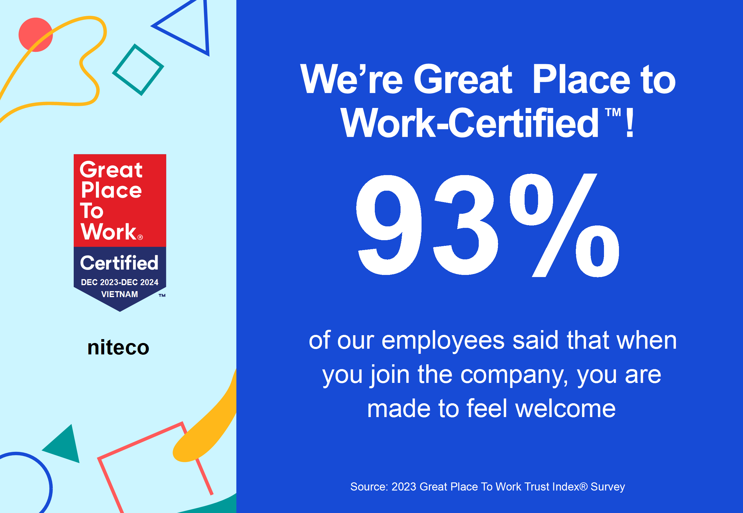 Great Place to Work certified with 93% employees feeling welcome at Niteco Vietnam