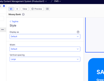CMS tag line style settings with options for display, width, and vertical spacing