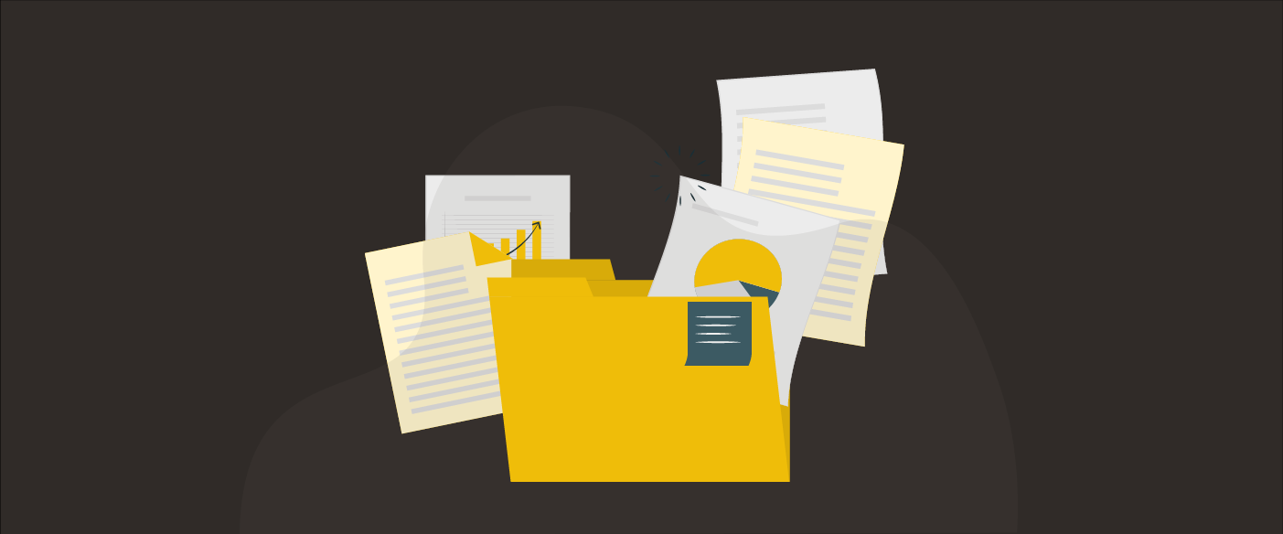 Yellow folder with financial reports and data charts on dark background