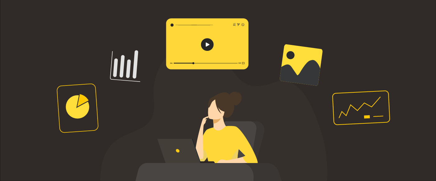 Woman analyzing data visualizations and media content on laptop in data analytics context