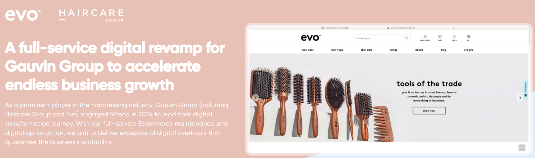 evo Haircare Group digital revamp showcasing professional hairbrushes tools of the trade