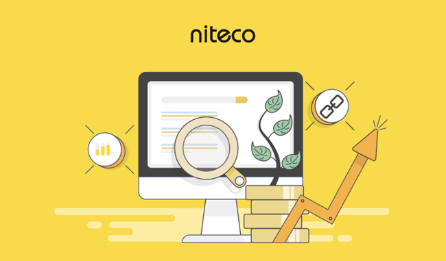 Niteco SEO growth with magnifying glass, rising arrow, and link icons on screen