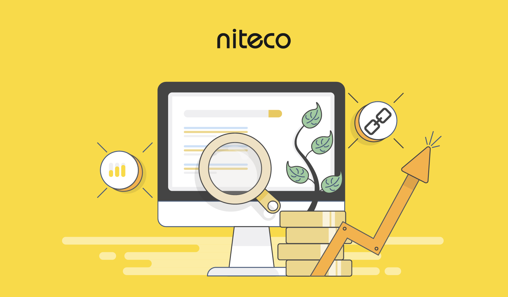 Alt text: niteco SEO growth with magnifying glass, money stack, plant, and rising graph arrow